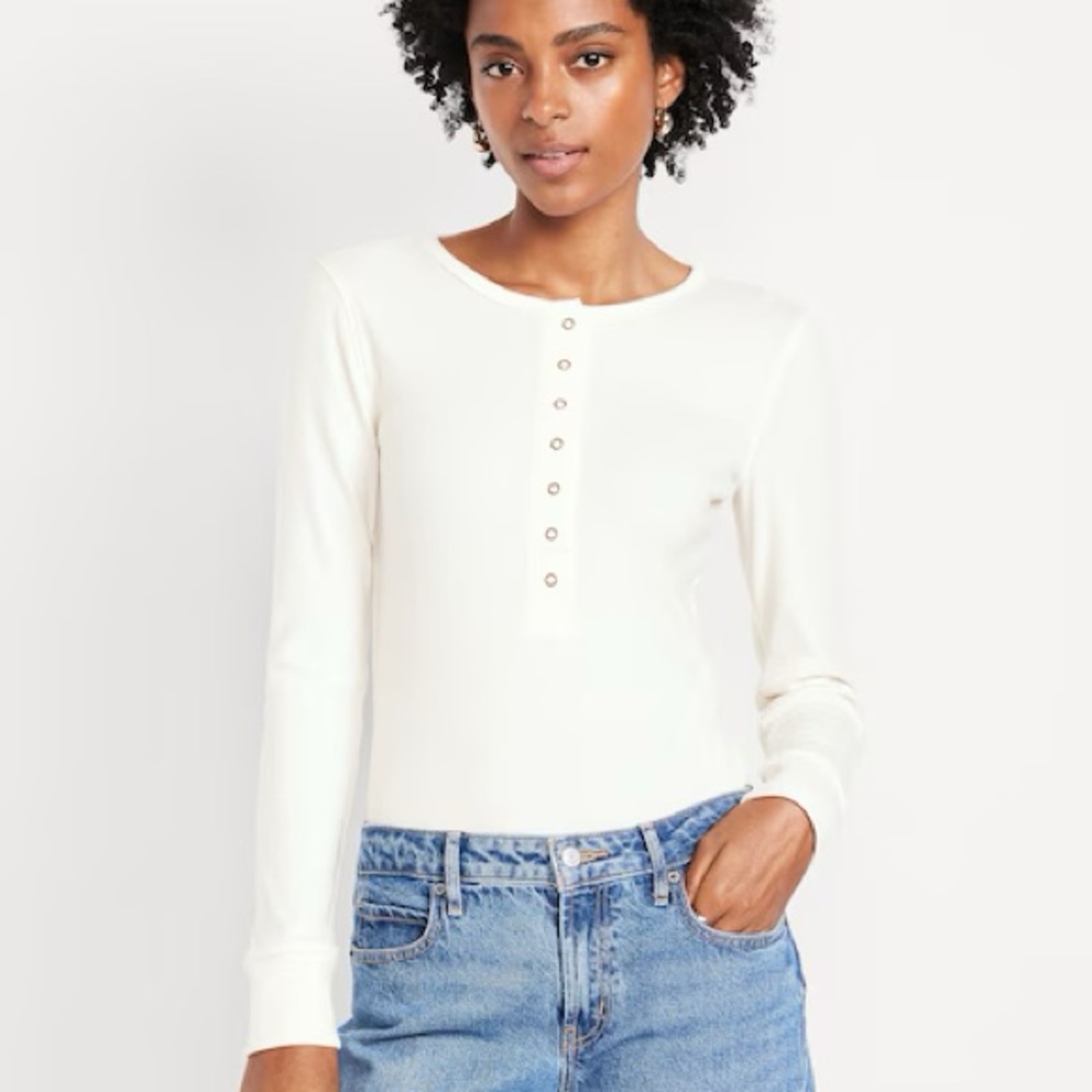 Old Navy Womenβs Cream Long Sleeve Ribbed Button Up Henley